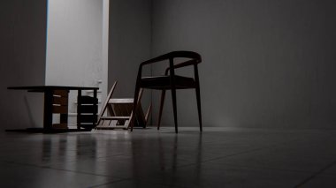 Minimalist 3 boyutlu modern iç mimari denge ve kontrastlı ahşap mobilyalar. Dengesiz ışıklandırma, kemer kapı aralığı ve düşmüş sandalye tasarım kavramları için sanatsal atmosfer yaratır.