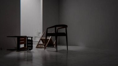 Minimalist 3 boyutlu modern iç mimari denge ve kontrastlı ahşap mobilyalar. Dengesiz ışıklandırma, kemer kapı aralığı ve düşmüş sandalye tasarım kavramları için sanatsal atmosfer yaratır.