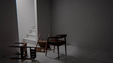 Minimalist 3 boyutlu modern iç mimari denge ve kontrastlı ahşap mobilyalar. Dengesiz ışıklandırma, kemer kapı aralığı ve düşmüş sandalye tasarım kavramları için sanatsal atmosfer yaratır.