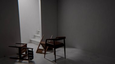 Minimalist 3 boyutlu modern iç mimari denge ve kontrastlı ahşap mobilyalar. Dengesiz ışıklandırma, kemer kapı aralığı ve düşmüş sandalye tasarım kavramları için sanatsal atmosfer yaratır.