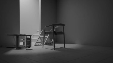 Minimalist 3 boyutlu modern iç mimari denge ve kontrastlı ahşap mobilyalar. Dengesiz ışıklandırma, kemer kapı aralığı ve düşmüş sandalye tasarım kavramları için sanatsal atmosfer yaratır.