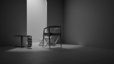 Minimalist 3 boyutlu modern iç mimari denge ve kontrastlı ahşap mobilyalar. Dengesiz ışıklandırma, kemer kapı aralığı ve düşmüş sandalye tasarım kavramları için sanatsal atmosfer yaratır.