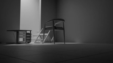 Minimalist 3 boyutlu modern iç mimari denge ve kontrastlı ahşap mobilyalar. Dengesiz ışıklandırma, kemer kapı aralığı ve düşmüş sandalye tasarım kavramları için sanatsal atmosfer yaratır.