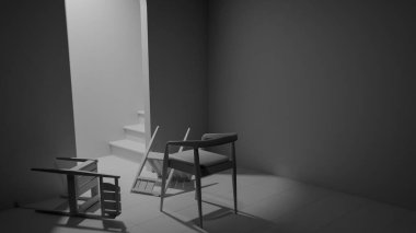 Minimalist 3 boyutlu modern iç mimari denge ve kontrastlı ahşap mobilyalar. Dengesiz ışıklandırma, kemer kapı aralığı ve düşmüş sandalye tasarım kavramları için sanatsal atmosfer yaratır.