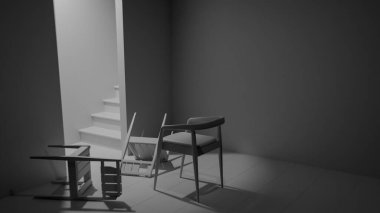 Minimalist 3 boyutlu modern iç mimari denge ve kontrastlı ahşap mobilyalar. Dengesiz ışıklandırma, kemer kapı aralığı ve düşmüş sandalye tasarım kavramları için sanatsal atmosfer yaratır.