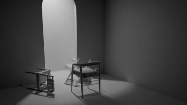 Minimalist 3 boyutlu modern iç mimari denge ve kontrastlı ahşap mobilyalar. Dengesiz ışıklandırma, kemer kapı aralığı ve düşmüş sandalye tasarım kavramları için sanatsal atmosfer yaratır.