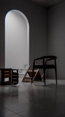 Minimalist 3 boyutlu modern iç mimari denge ve kontrastlı ahşap mobilyalar. Dengesiz ışıklandırma, kemer kapı aralığı ve düşmüş sandalye tasarım kavramları için sanatsal atmosfer yaratır.
