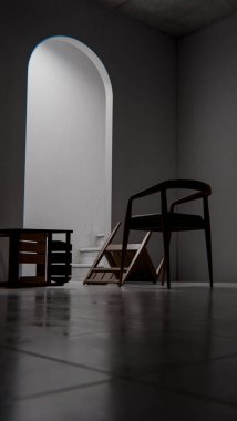 Minimalist 3 boyutlu modern iç mimari denge ve kontrastlı ahşap mobilyalar. Dengesiz ışıklandırma, kemer kapı aralığı ve düşmüş sandalye tasarım kavramları için sanatsal atmosfer yaratır.