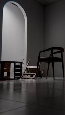 Minimalist 3 boyutlu modern iç mimari denge ve kontrastlı ahşap mobilyalar. Dengesiz ışıklandırma, kemer kapı aralığı ve düşmüş sandalye tasarım kavramları için sanatsal atmosfer yaratır.