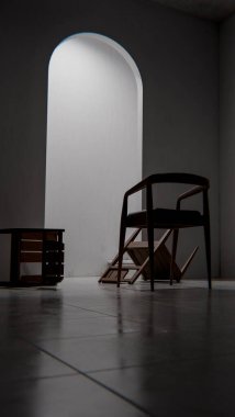 Minimalist 3 boyutlu modern iç mimari denge ve kontrastlı ahşap mobilyalar. Dengesiz ışıklandırma, kemer kapı aralığı ve düşmüş sandalye tasarım kavramları için sanatsal atmosfer yaratır.