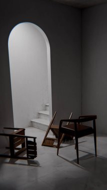 Minimalist 3 boyutlu modern iç mimari denge ve kontrastlı ahşap mobilyalar. Dengesiz ışıklandırma, kemer kapı aralığı ve düşmüş sandalye tasarım kavramları için sanatsal atmosfer yaratır.
