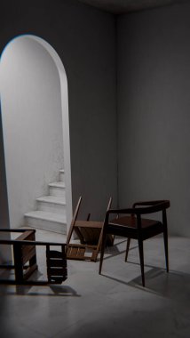 Minimalist 3 boyutlu modern iç mimari denge ve kontrastlı ahşap mobilyalar. Dengesiz ışıklandırma, kemer kapı aralığı ve düşmüş sandalye tasarım kavramları için sanatsal atmosfer yaratır.