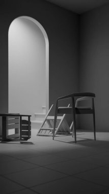 Minimalist 3 boyutlu modern iç mimari denge ve kontrastlı ahşap mobilyalar. Dengesiz ışıklandırma, kemer kapı aralığı ve düşmüş sandalye tasarım kavramları için sanatsal atmosfer yaratır.