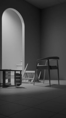 Minimalist 3 boyutlu modern iç mimari denge ve kontrastlı ahşap mobilyalar. Dengesiz ışıklandırma, kemer kapı aralığı ve düşmüş sandalye tasarım kavramları için sanatsal atmosfer yaratır.