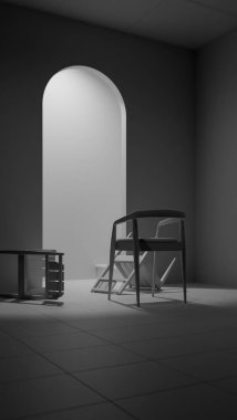 Minimalist 3 boyutlu modern iç mimari denge ve kontrastlı ahşap mobilyalar. Dengesiz ışıklandırma, kemer kapı aralığı ve düşmüş sandalye tasarım kavramları için sanatsal atmosfer yaratır.