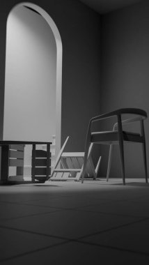 Minimalist 3 boyutlu modern iç mimari denge ve kontrastlı ahşap mobilyalar. Dengesiz ışıklandırma, kemer kapı aralığı ve düşmüş sandalye tasarım kavramları için sanatsal atmosfer yaratır.