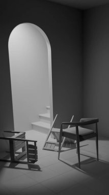 Minimalist 3 boyutlu modern iç mimari denge ve kontrastlı ahşap mobilyalar. Dengesiz ışıklandırma, kemer kapı aralığı ve düşmüş sandalye tasarım kavramları için sanatsal atmosfer yaratır.