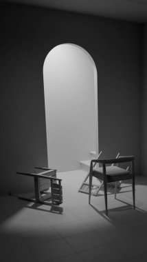 Minimalist 3 boyutlu modern iç mimari denge ve kontrastlı ahşap mobilyalar. Dengesiz ışıklandırma, kemer kapı aralığı ve düşmüş sandalye tasarım kavramları için sanatsal atmosfer yaratır.