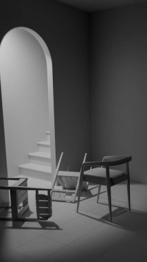 Minimalist 3 boyutlu modern iç mimari denge ve kontrastlı ahşap mobilyalar. Dengesiz ışıklandırma, kemer kapı aralığı ve düşmüş sandalye tasarım kavramları için sanatsal atmosfer yaratır.