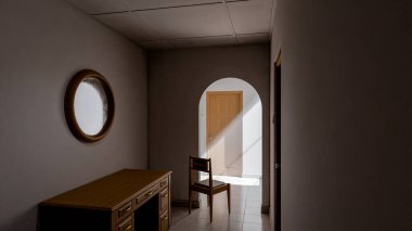 Minimalist 3D bir iç mekan, sandalye, ahşap mobilya ve kemer yolu boyunca doğal ışık. Yalnızlık, tasarım veya mimari sanat kavramları için mükemmel..