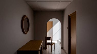 Minimalist 3D bir iç mekan, sandalye, ahşap mobilya ve kemer yolu boyunca doğal ışık. Yalnızlık, tasarım veya mimari sanat kavramları için mükemmel..