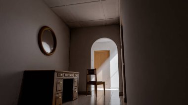 Minimalist 3D bir iç mekan, sandalye, ahşap mobilya ve kemer yolu boyunca doğal ışık. Yalnızlık, tasarım veya mimari sanat kavramları için mükemmel..