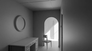 Minimalist 3D bir iç mekan, sandalye, ahşap mobilya ve kemer yolu boyunca doğal ışık. Yalnızlık, tasarım veya mimari sanat kavramları için mükemmel..