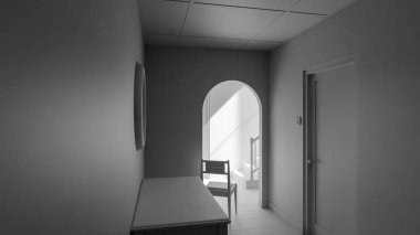 Minimalist 3D bir iç mekan, sandalye, ahşap mobilya ve kemer yolu boyunca doğal ışık. Yalnızlık, tasarım veya mimari sanat kavramları için mükemmel..