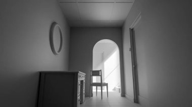 Minimalist 3D bir iç mekan, sandalye, ahşap mobilya ve kemer yolu boyunca doğal ışık. Yalnızlık, tasarım veya mimari sanat kavramları için mükemmel..