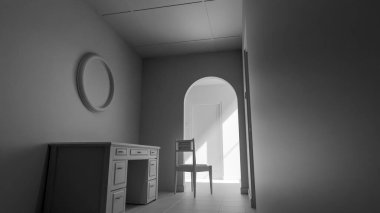 Minimalist 3D bir iç mekan, sandalye, ahşap mobilya ve kemer yolu boyunca doğal ışık. Yalnızlık, tasarım veya mimari sanat kavramları için mükemmel..