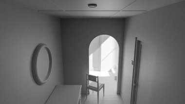 Minimalist 3D bir iç mekan, sandalye, ahşap mobilya ve kemer yolu boyunca doğal ışık. Yalnızlık, tasarım veya mimari sanat kavramları için mükemmel..