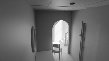 Minimalist 3D bir iç mekan, sandalye, ahşap mobilya ve kemer yolu boyunca doğal ışık. Yalnızlık, tasarım veya mimari sanat kavramları için mükemmel..