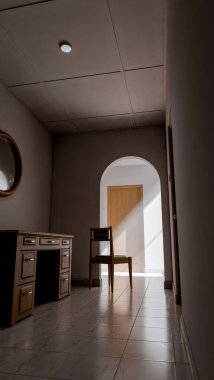 Minimalist 3D bir iç mekan, sandalye, ahşap mobilya ve kemer yolu boyunca doğal ışık. Yalnızlık, tasarım veya mimari sanat kavramları için mükemmel..