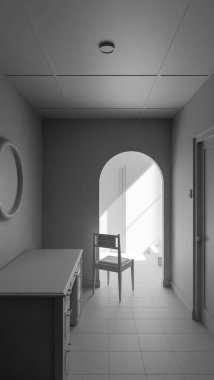 Minimalist 3D bir iç mekan, sandalye, ahşap mobilya ve kemer yolu boyunca doğal ışık. Yalnızlık, tasarım veya mimari sanat kavramları için mükemmel..