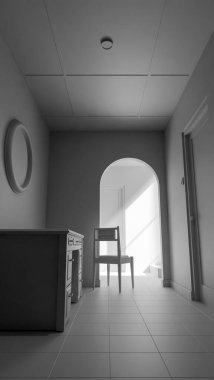 Minimalist 3D bir iç mekan, sandalye, ahşap mobilya ve kemer yolu boyunca doğal ışık. Yalnızlık, tasarım veya mimari sanat kavramları için mükemmel..