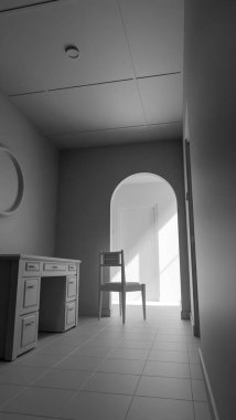 Minimalist 3D bir iç mekan, sandalye, ahşap mobilya ve kemer yolu boyunca doğal ışık. Yalnızlık, tasarım veya mimari sanat kavramları için mükemmel..