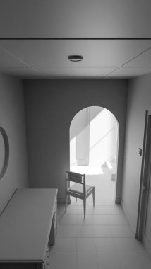 Minimalist 3D bir iç mekan, sandalye, ahşap mobilya ve kemer yolu boyunca doğal ışık. Yalnızlık, tasarım veya mimari sanat kavramları için mükemmel..