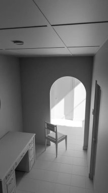 Minimalist 3D bir iç mekan, sandalye, ahşap mobilya ve kemer yolu boyunca doğal ışık. Yalnızlık, tasarım veya mimari sanat kavramları için mükemmel..