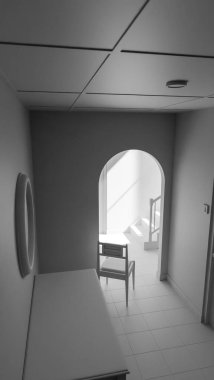 Minimalist 3D bir iç mekan, sandalye, ahşap mobilya ve kemer yolu boyunca doğal ışık. Yalnızlık, tasarım veya mimari sanat kavramları için mükemmel..