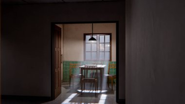 Minimalist bir bekleme odasının 3 boyutlu portresi. Ahşap sandalyeler, masa, pencere ışığı ve yeşil fayanslı duvarlar. Modern dijital çevre sanatı.