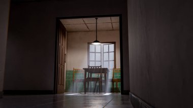 Minimalist bir bekleme odasının 3 boyutlu portresi. Ahşap sandalyeler, masa, pencere ışığı ve yeşil fayanslı duvarlar. Modern dijital çevre sanatı.