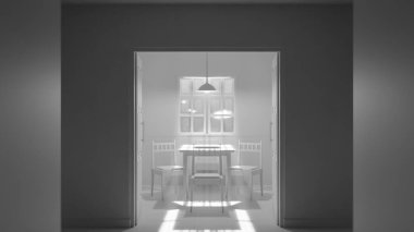 Minimalist bir bekleme odasının 3 boyutlu portresi. Ahşap sandalyeler, masa, pencere ışığı ve yeşil fayanslı duvarlar. Modern dijital çevre sanatı.