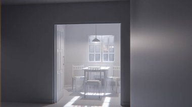 Minimalist bir bekleme odasının 3 boyutlu portresi. Ahşap sandalyeler, masa, pencere ışığı ve yeşil fayanslı duvarlar. Modern dijital çevre sanatı.