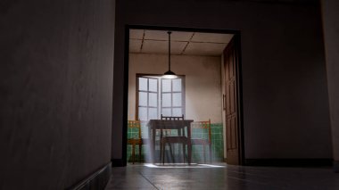 Minimalist bir bekleme odasının 3 boyutlu portresi. Ahşap sandalyeler, masa, pencere ışığı ve yeşil fayanslı duvarlar. Modern dijital çevre sanatı.