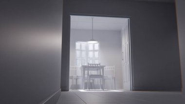 Minimalist bir bekleme odasının 3 boyutlu portresi. Ahşap sandalyeler, masa, pencere ışığı ve yeşil fayanslı duvarlar. Modern dijital çevre sanatı.