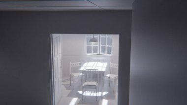 Minimalist bir bekleme odasının 3 boyutlu portresi. Ahşap sandalyeler, masa, pencere ışığı ve yeşil fayanslı duvarlar. Modern dijital çevre sanatı.