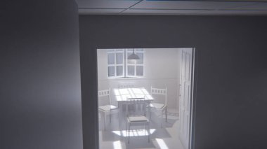 Minimalist bir bekleme odasının 3 boyutlu portresi. Ahşap sandalyeler, masa, pencere ışığı ve yeşil fayanslı duvarlar. Modern dijital çevre sanatı.