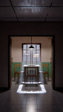 Minimalist bir bekleme odasının 3 boyutlu portresi. Ahşap sandalyeler, masa, pencere ışığı ve yeşil fayanslı duvarlar. Modern dijital çevre sanatı.