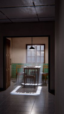 Minimalist bir bekleme odasının 3 boyutlu portresi. Ahşap sandalyeler, masa, pencere ışığı ve yeşil fayanslı duvarlar. Modern dijital çevre sanatı.