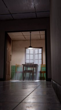 Minimalist bir bekleme odasının 3 boyutlu portresi. Ahşap sandalyeler, masa, pencere ışığı ve yeşil fayanslı duvarlar. Modern dijital çevre sanatı.